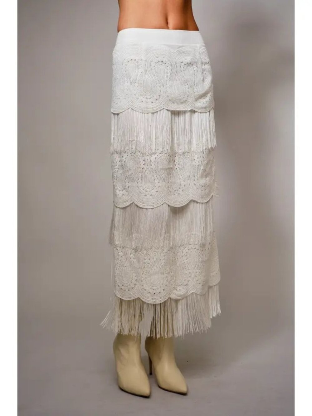 Lace Fringe Tiered Maxi Skirt NEW